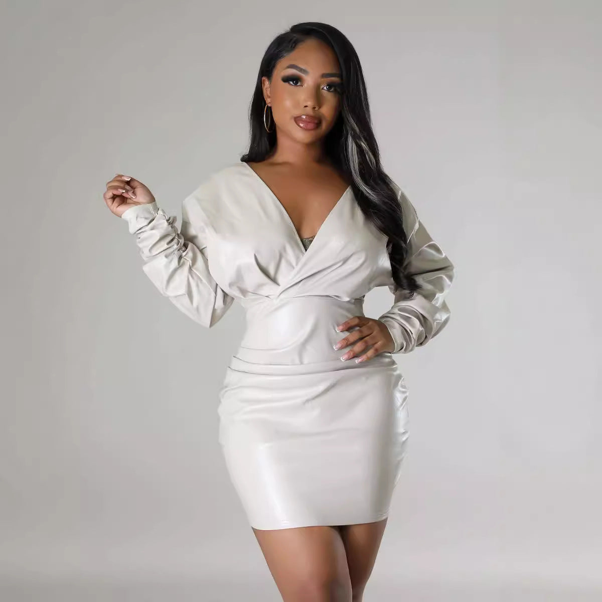 "Sculpted Elegance – High-Stretch Leather Luxe Bodycon Dress"