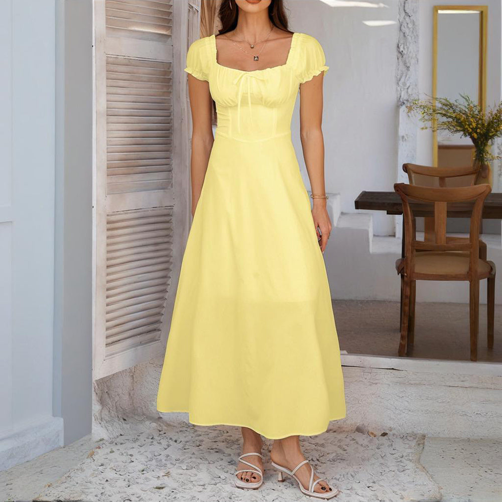 Boho Breeze Elegance – Backless Ruffled Maxi Dress with Adjustable Belt