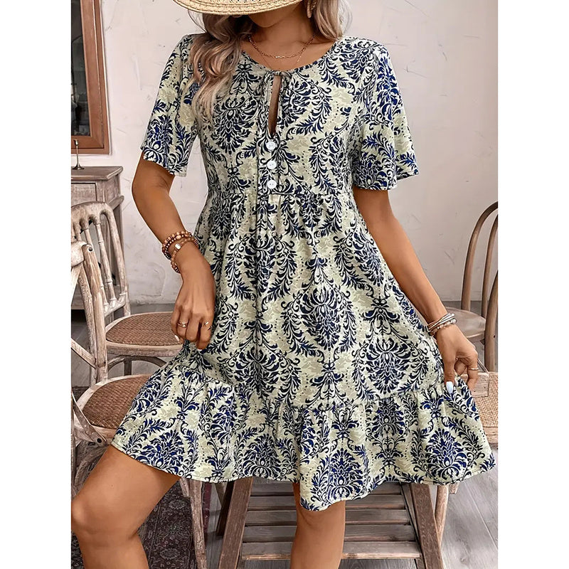Boho Bloom – Flowy Floral Summer Dress with Drawstring Elegance