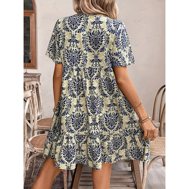 Boho Bloom – Flowy Floral Summer Dress with Drawstring Elegance