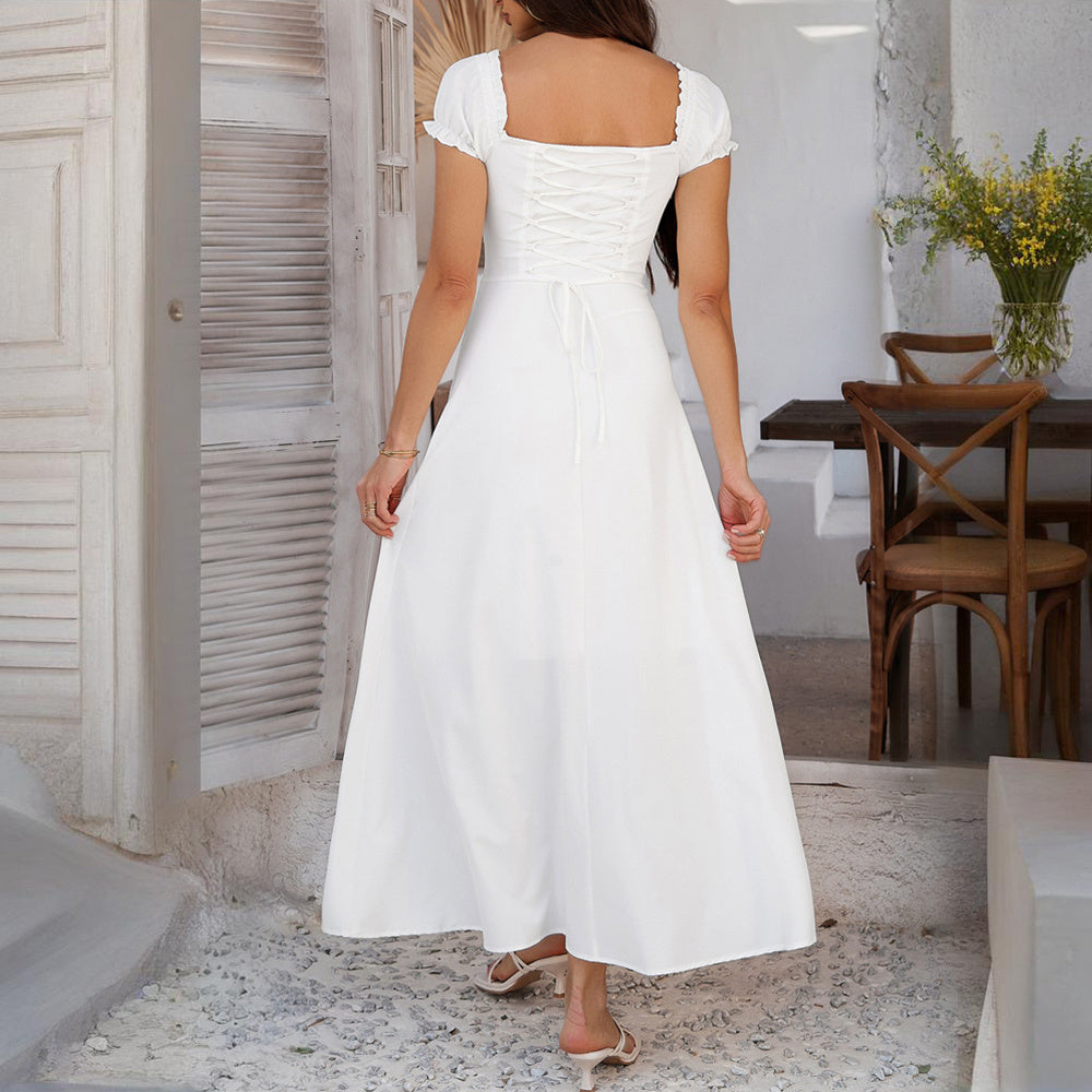 Boho Breeze Elegance – Backless Ruffled Maxi Dress with Adjustable Belt
