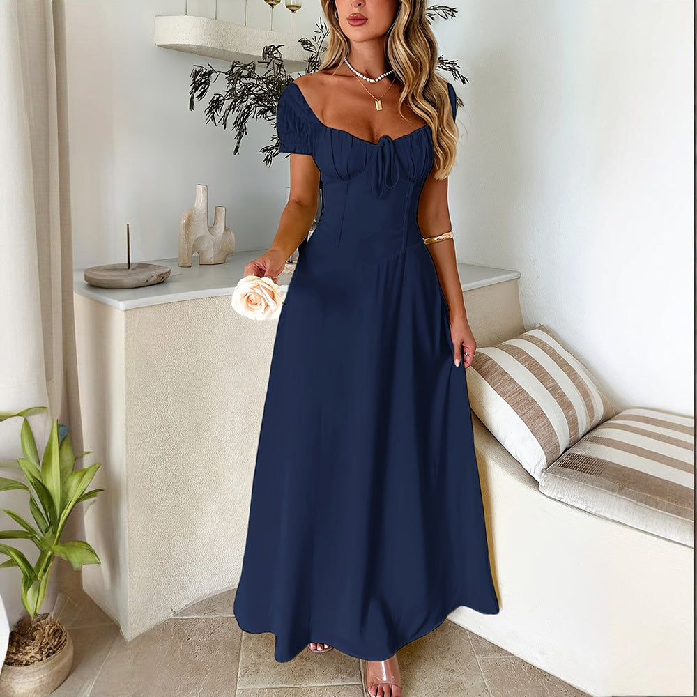 Boho Breeze Elegance – Backless Ruffled Maxi Dress with Adjustable Belt