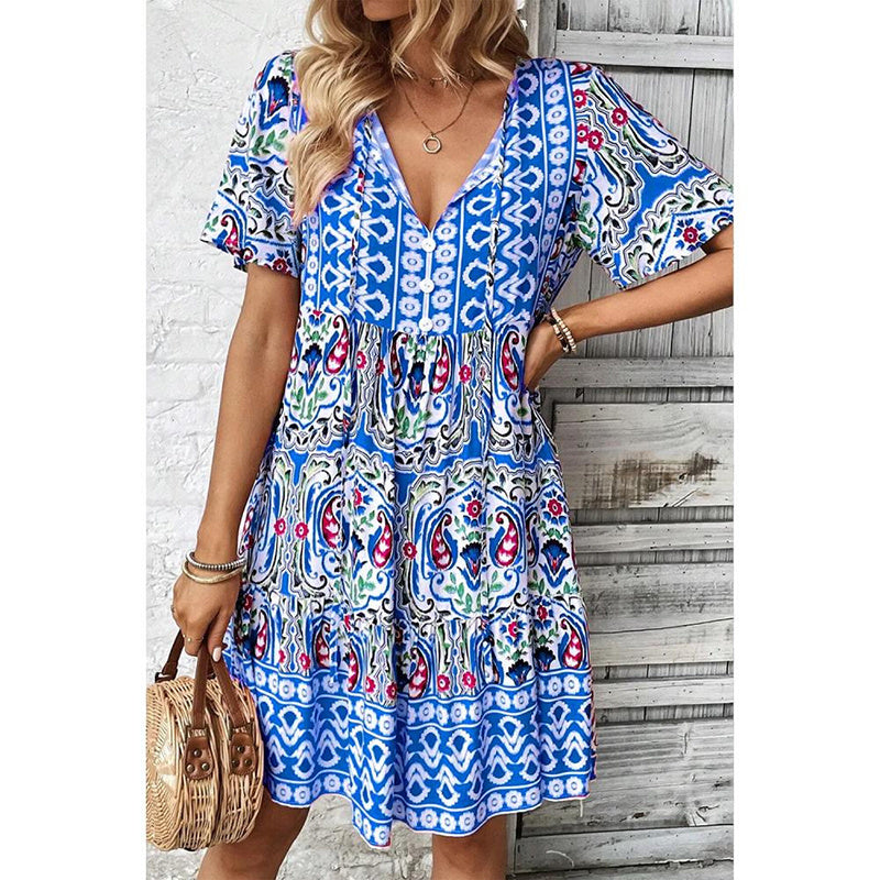 Boho Bloom – Flowy Floral Summer Dress with Drawstring Elegance