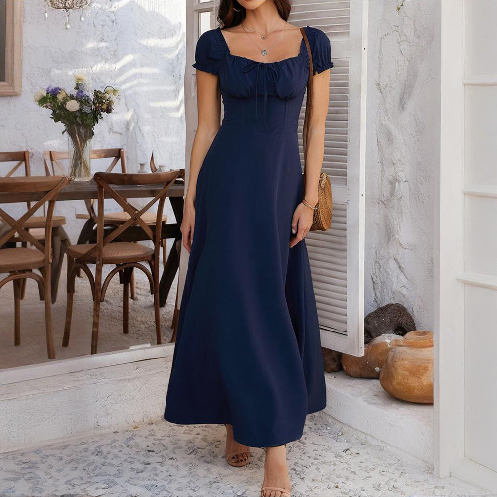 Boho Breeze Elegance – Backless Ruffled Maxi Dress with Adjustable Belt