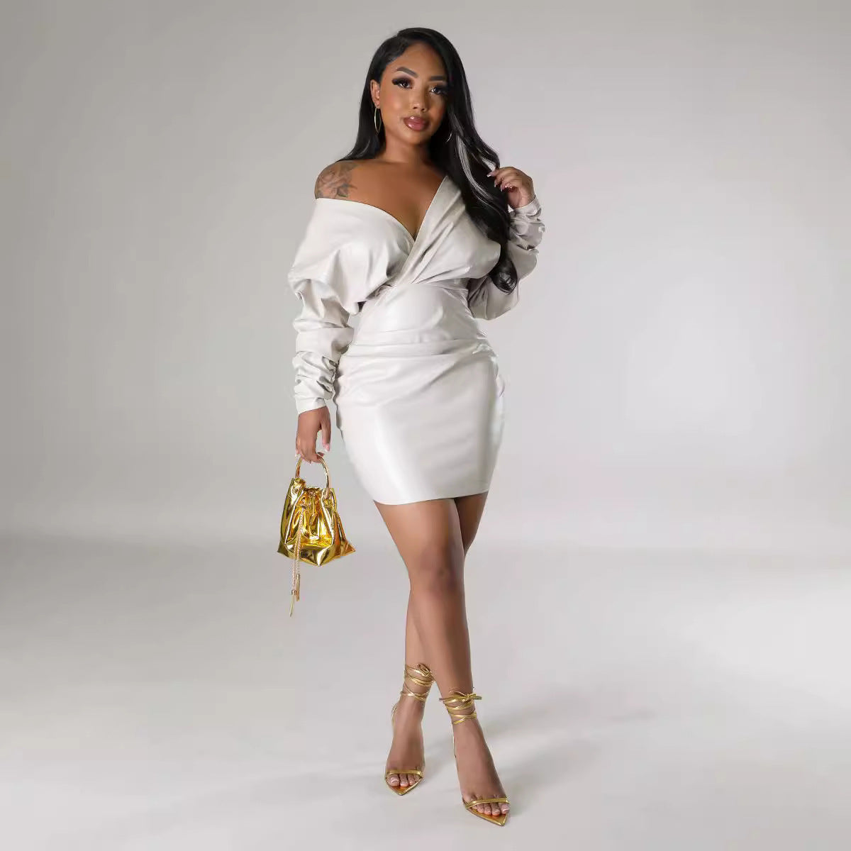 "Sculpted Elegance – High-Stretch Leather Luxe Bodycon Dress"