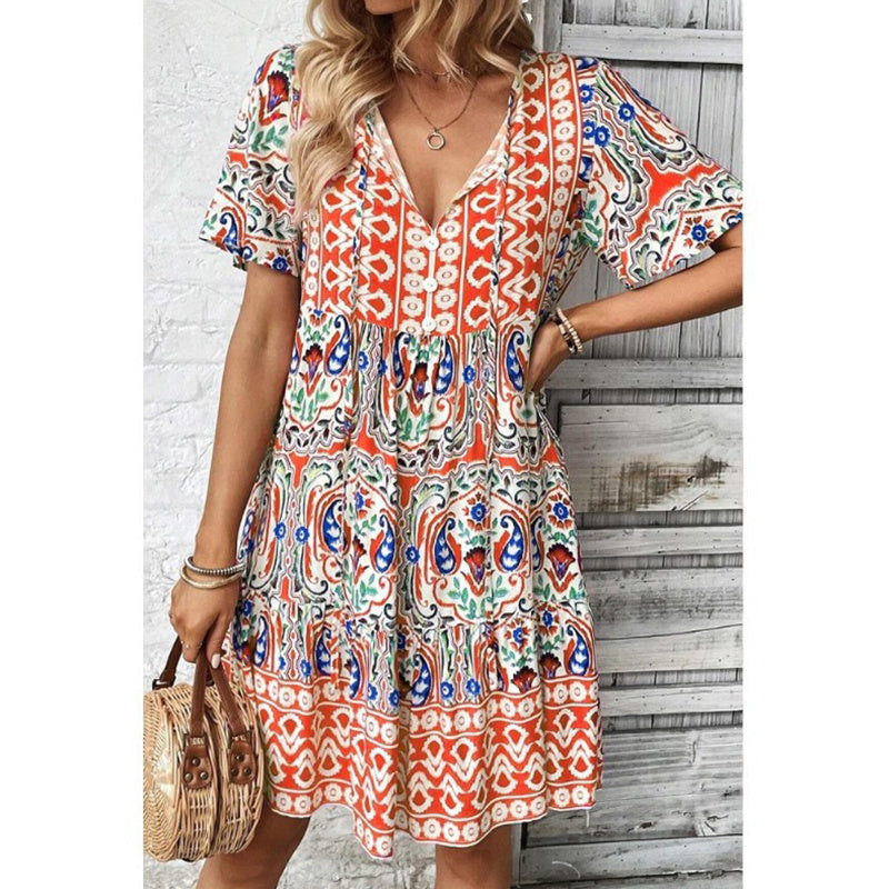 Boho Bloom – Flowy Floral Summer Dress with Drawstring Elegance