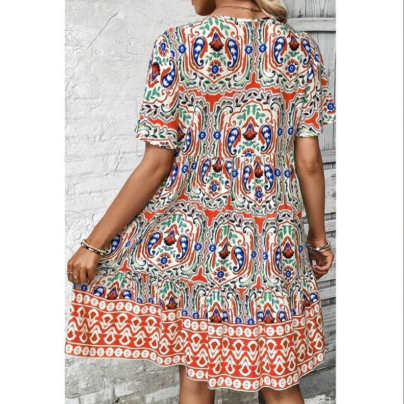 Boho Bloom – Flowy Floral Summer Dress with Drawstring Elegance