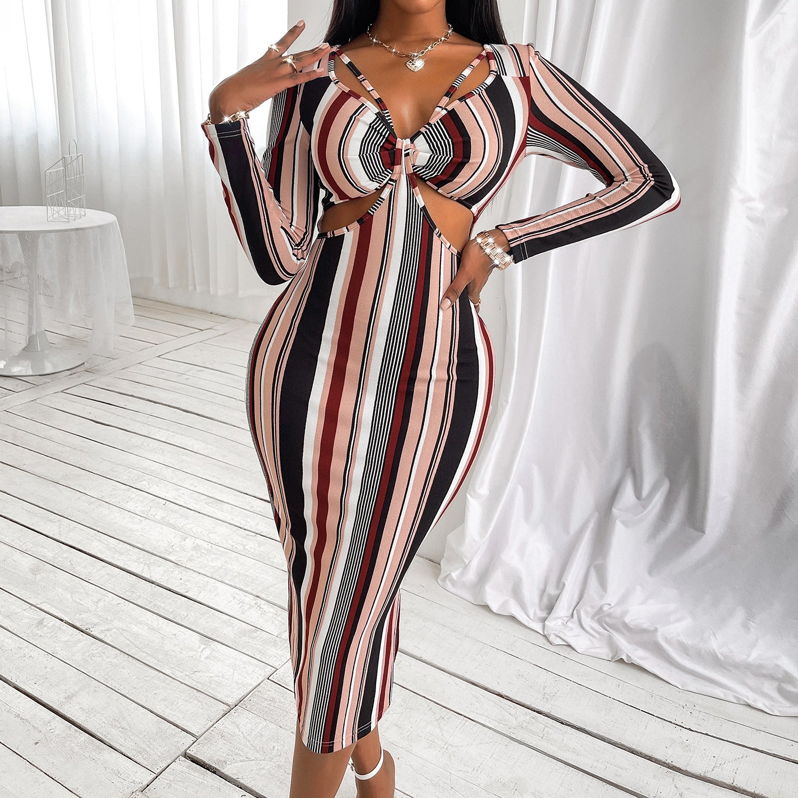 The Elegant Embrace – Luxe Wrap Chest Striped Dress