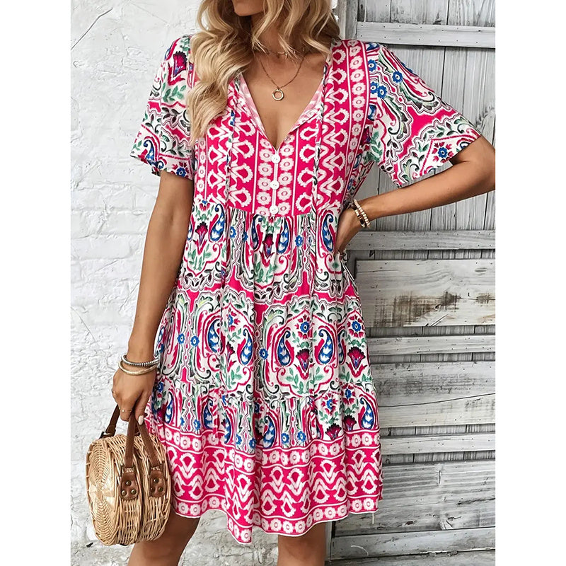 Boho Bloom – Flowy Floral Summer Dress with Drawstring Elegance