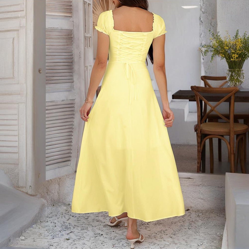 Boho Breeze Elegance – Backless Ruffled Maxi Dress with Adjustable Belt