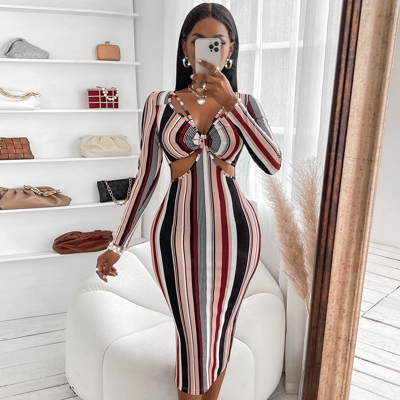 The Elegant Embrace – Luxe Wrap Chest Striped Dress