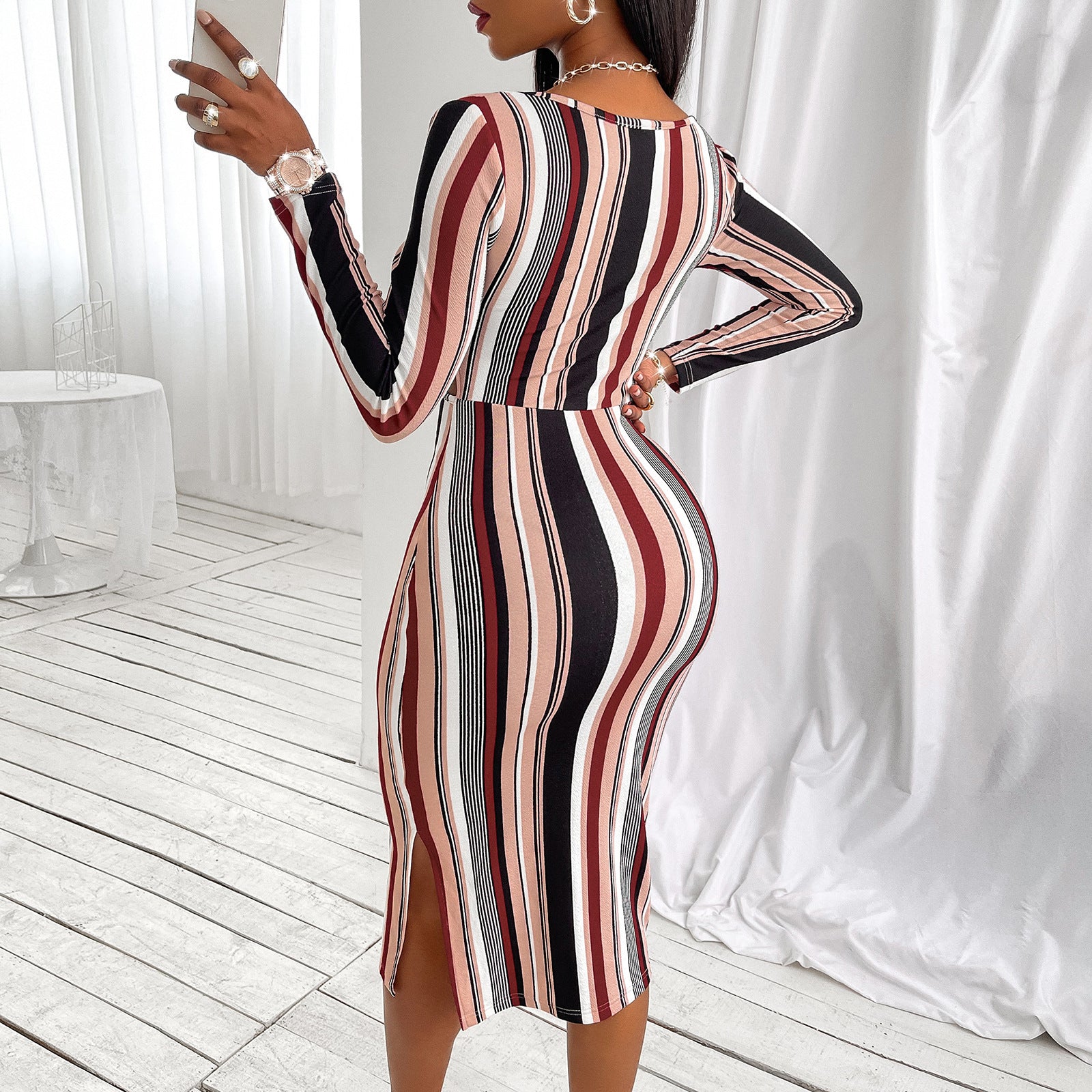 The Elegant Embrace – Luxe Wrap Chest Striped Dress